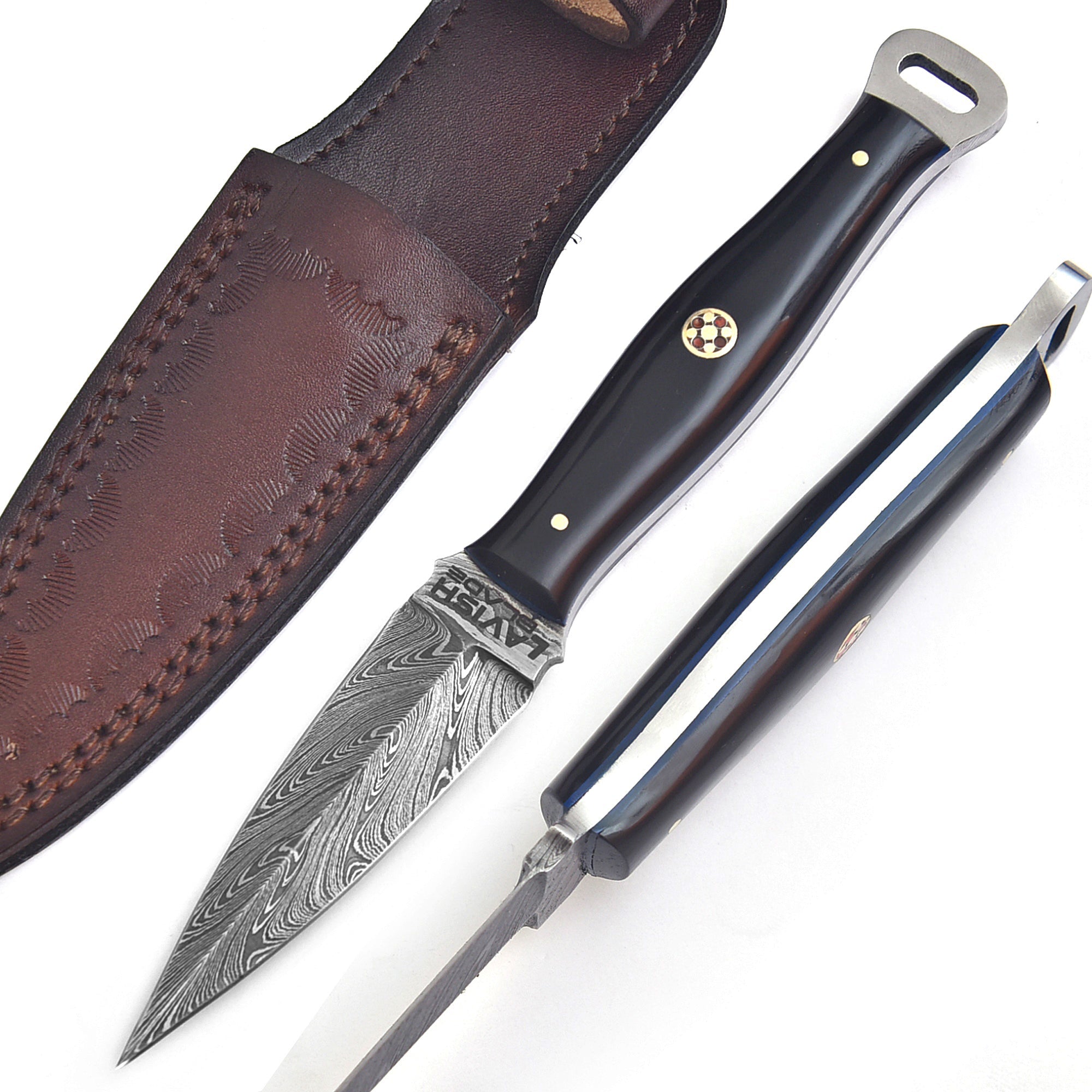 Handmade Damascus EDC Dagger 8 Inch Pearl Black Resin Handle with Sheath - Lavish Blade