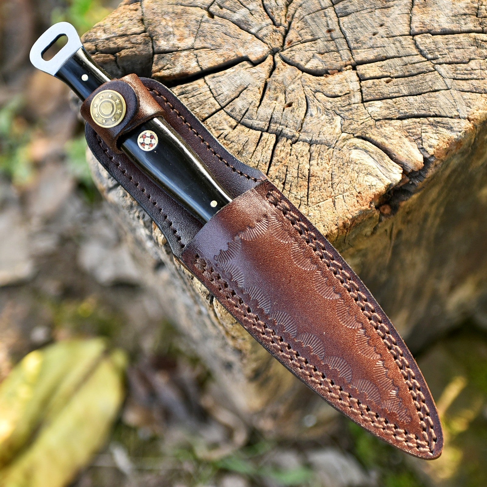 Handmade Damascus EDC Dagger 8 Inch Pearl Black Resin Handle with Sheath - Lavish Blade