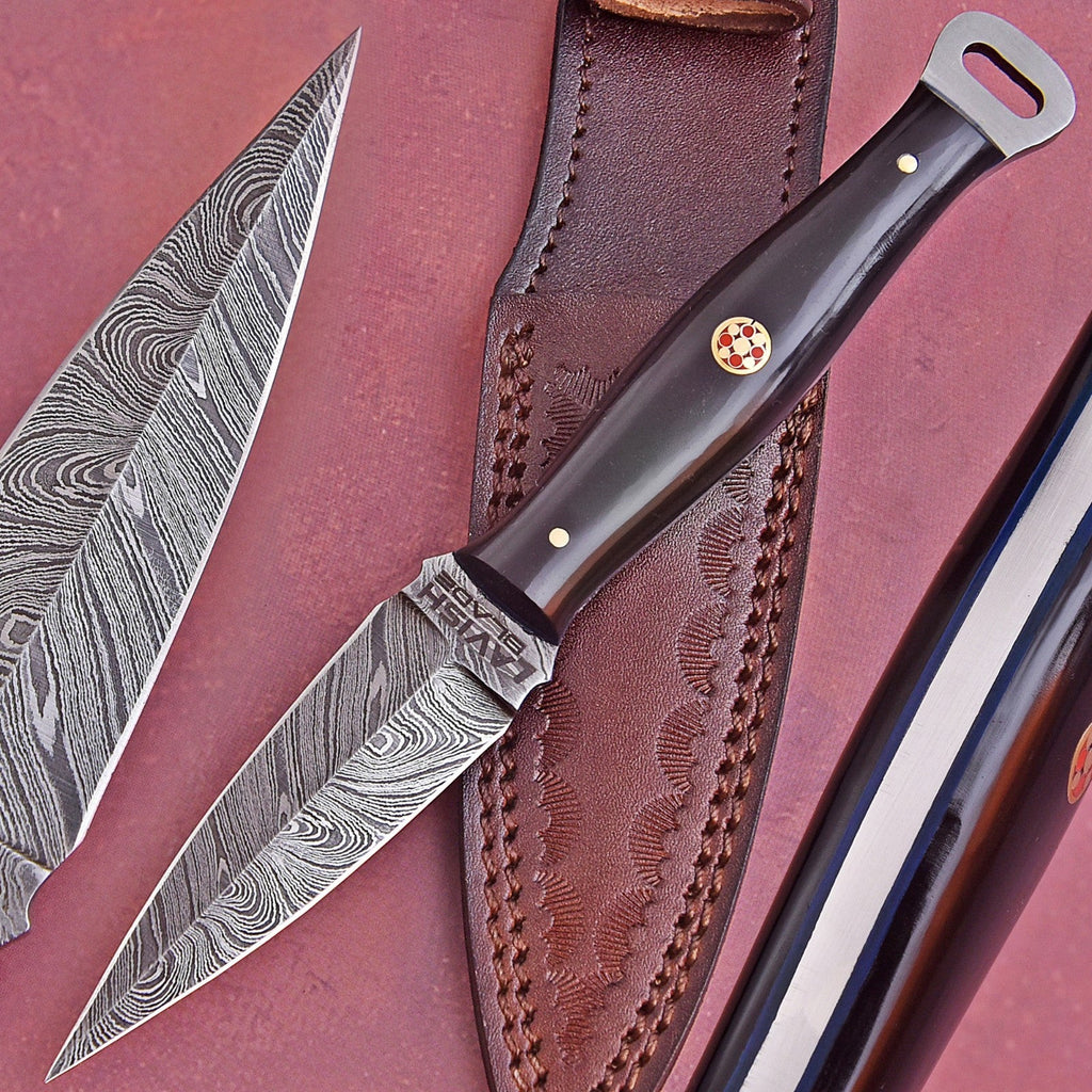 Handmade Damascus EDC Dagger 8 Inch Pearl Black Resin Handle with Sheath - Lavish Blade
