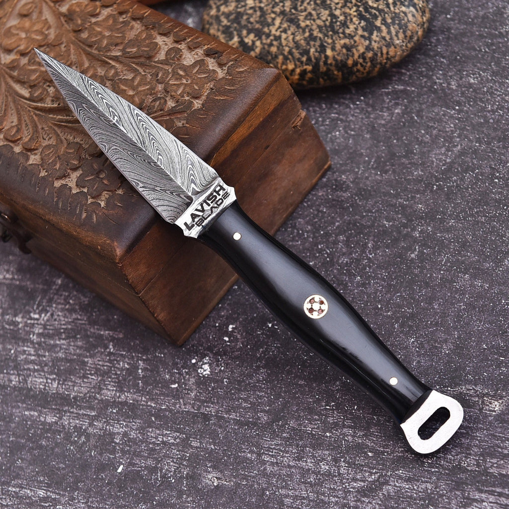 Handmade Damascus EDC Dagger 8 Inch Pearl Black Resin Handle with Sheath - Lavish Blade