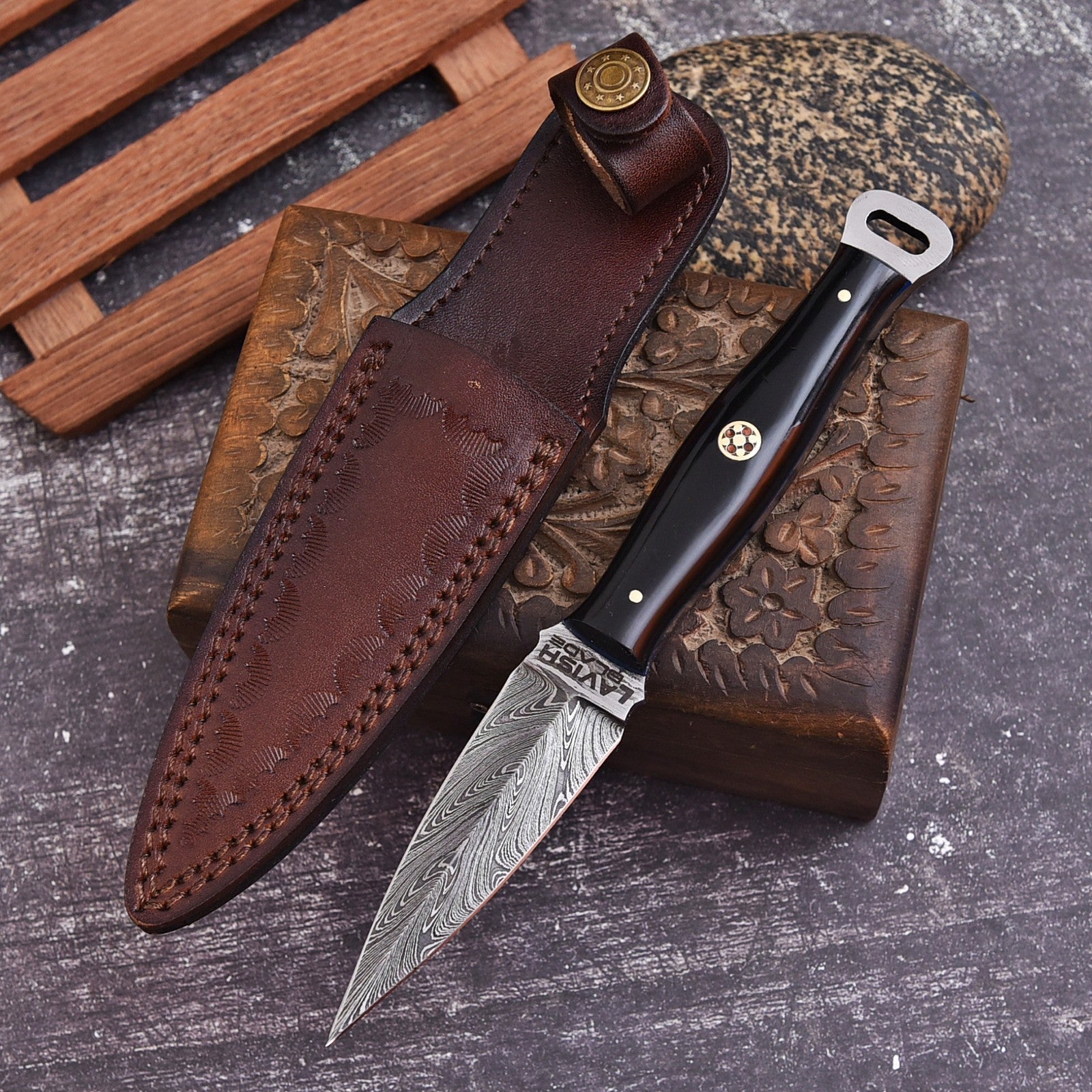 Handmade Damascus EDC Dagger 8 Inch Pearl Black Resin Handle with Sheath - Lavish Blade