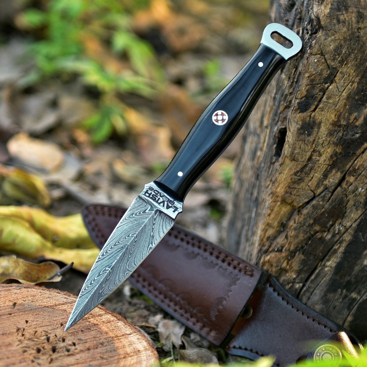 Handmade Damascus EDC Dagger 8 Inch Pearl Black Resin Handle with Sheath - Lavish Blade