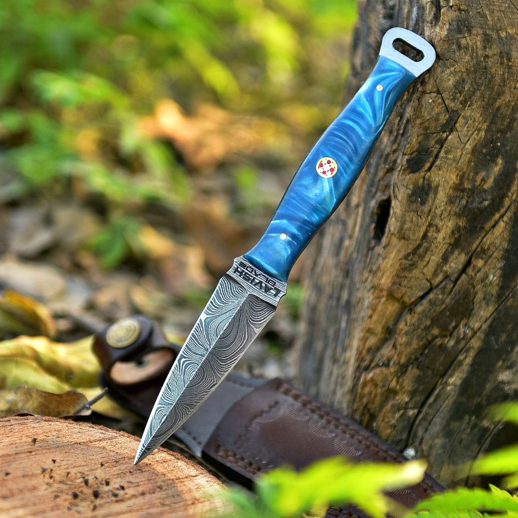 Handmade Damascus EDC Dagger 8 Inch Pearl Blue Swirl Resin Handle - Lavish Blade