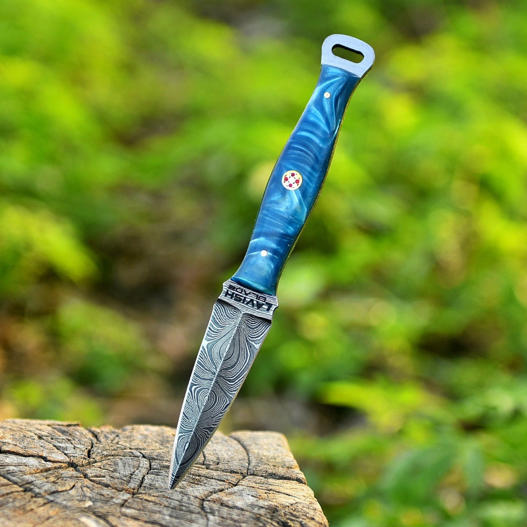 Handmade Damascus EDC Dagger 8 Inch Pearl Blue Swirl Resin Handle - Lavish Blade