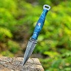 Handmade Damascus EDC Dagger 8 Inch Pearl Blue Swirl Resin Handle - Lavish Blade