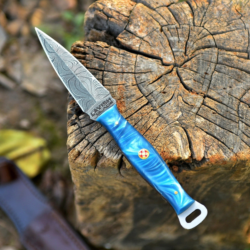 Handmade Damascus EDC Dagger 8 Inch Pearl Blue Swirl Resin Handle - Lavish Blade