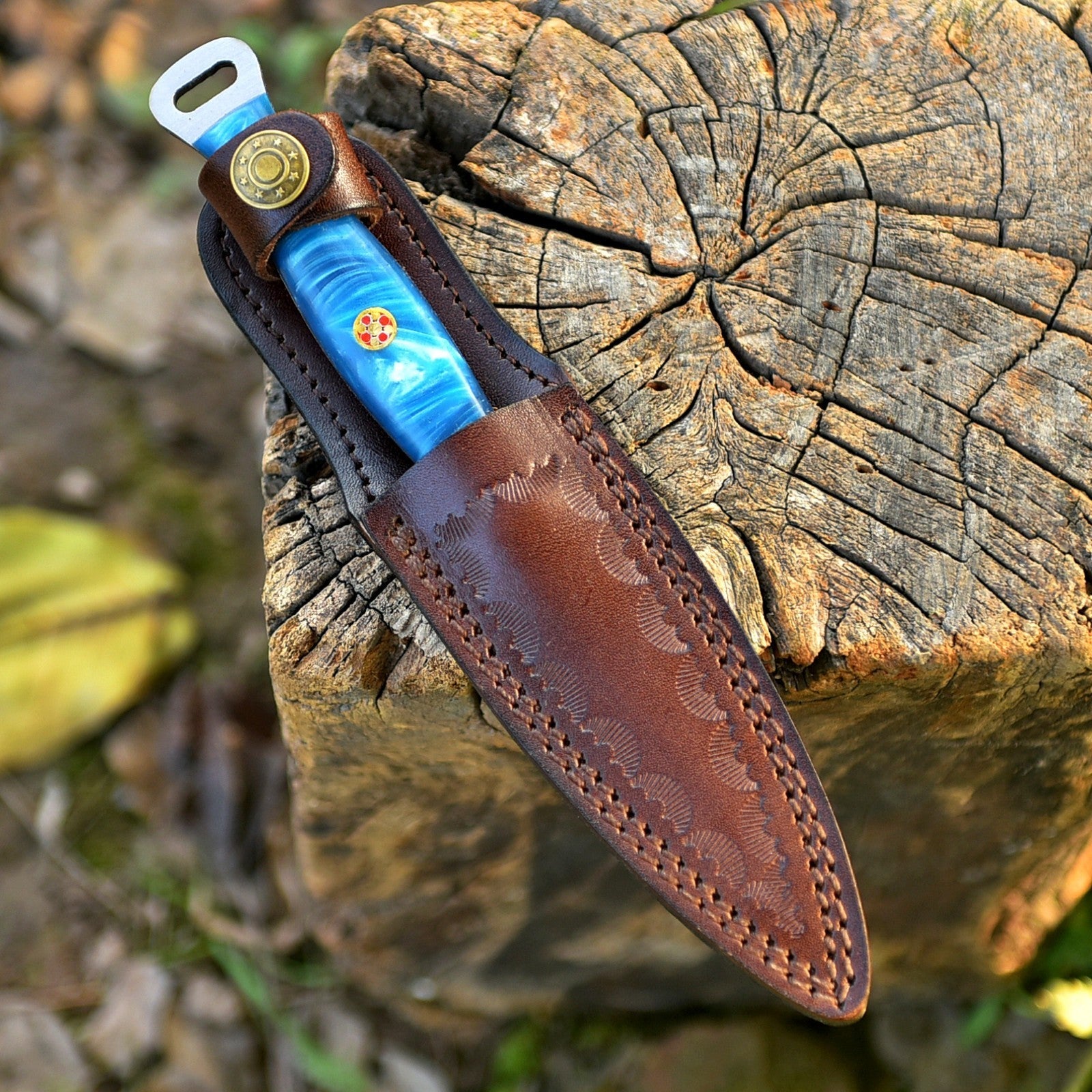 Handmade Damascus EDC Dagger 8 Inch Pearl Blue Swirl Resin Handle - Lavish Blade