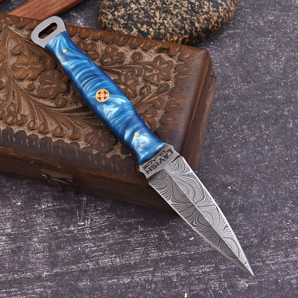 Handmade Damascus EDC Dagger 8 Inch Pearl Blue Swirl Resin Handle - Lavish Blade