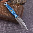Handmade Damascus EDC Dagger 8 Inch Pearl Blue Swirl Resin Handle - Lavish Blade