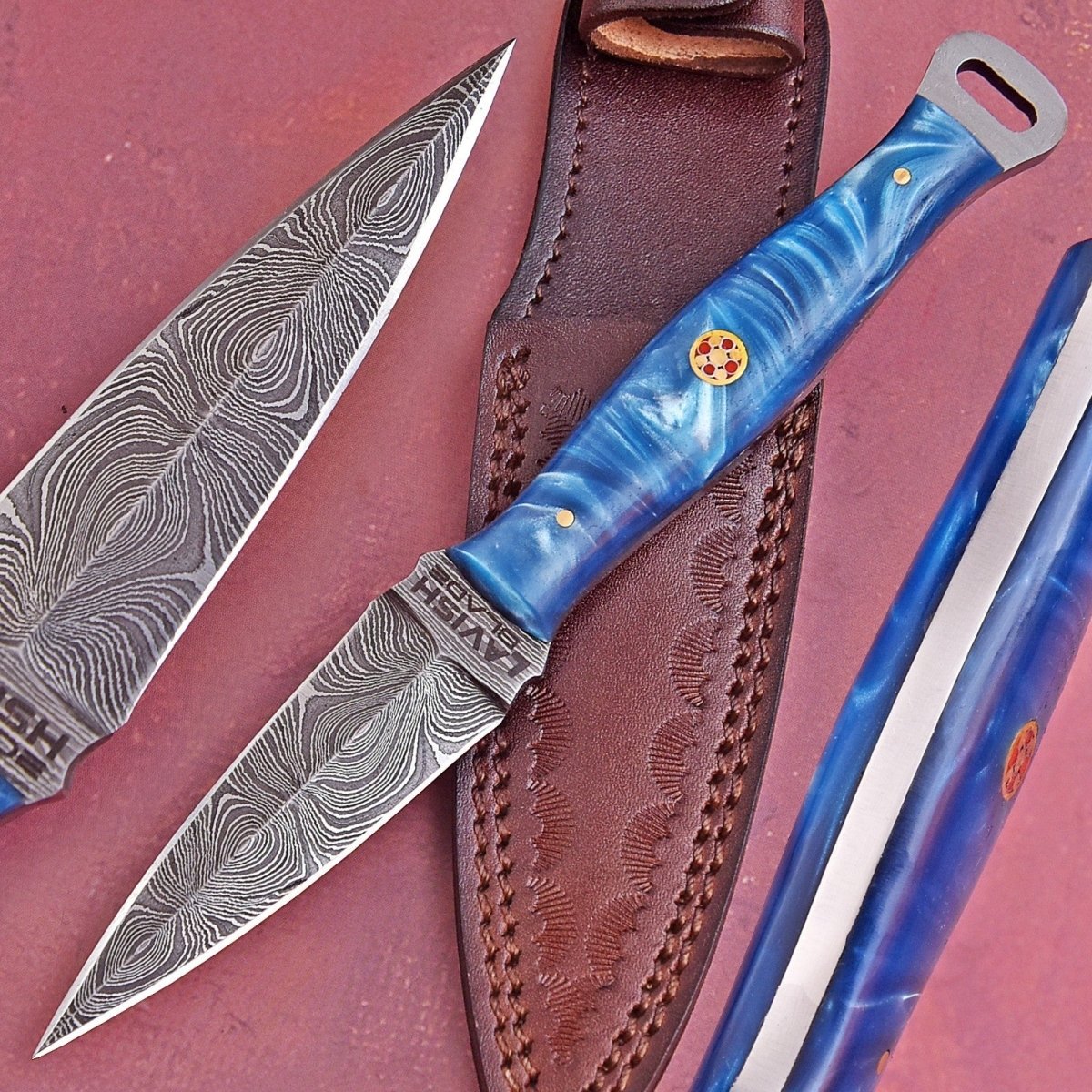 Handmade Damascus EDC Dagger 8 Inch Pearl Blue Swirl Resin Handle - Lavish Blade