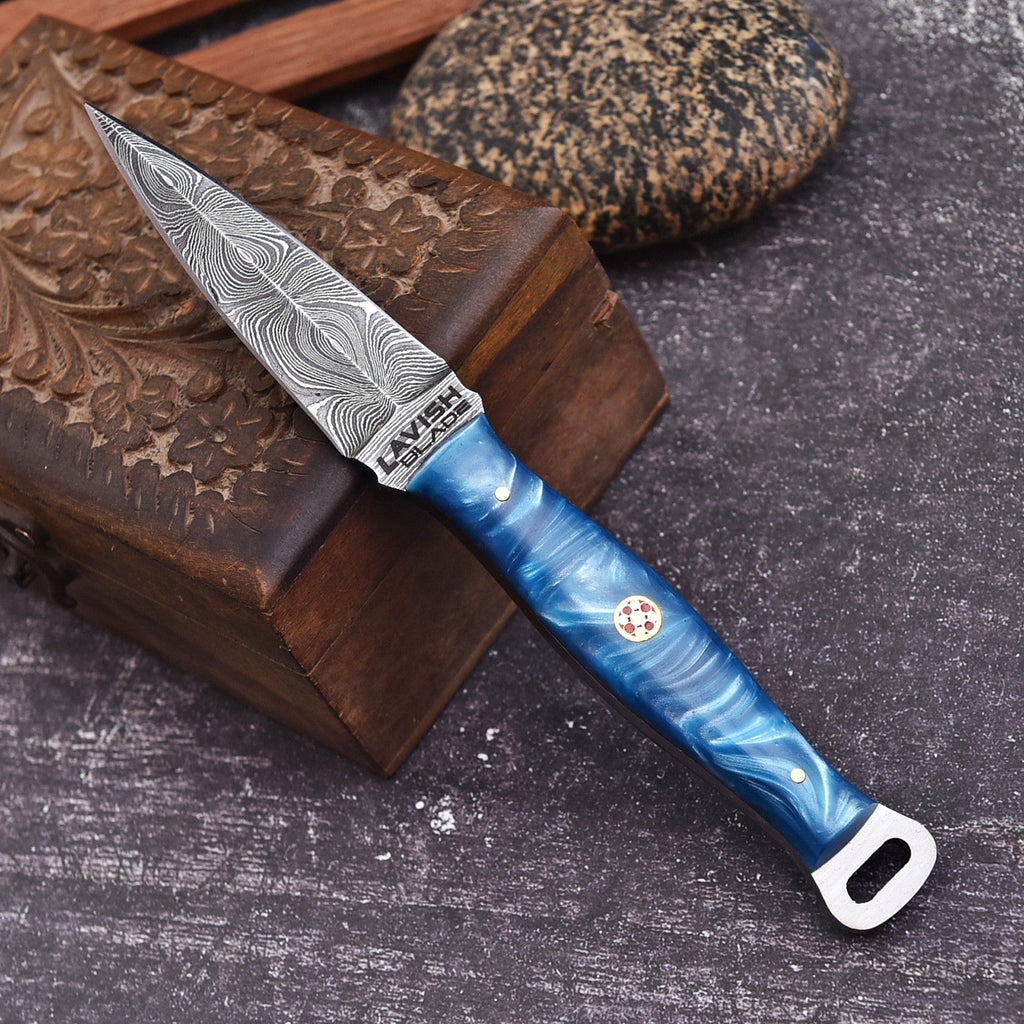 Handmade Damascus EDC Dagger 8 Inch Pearl Blue Swirl Resin Handle - Lavish Blade