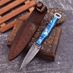 Handmade Damascus EDC Dagger 8 Inch Pearl Blue Swirl Resin Handle - Lavish Blade
