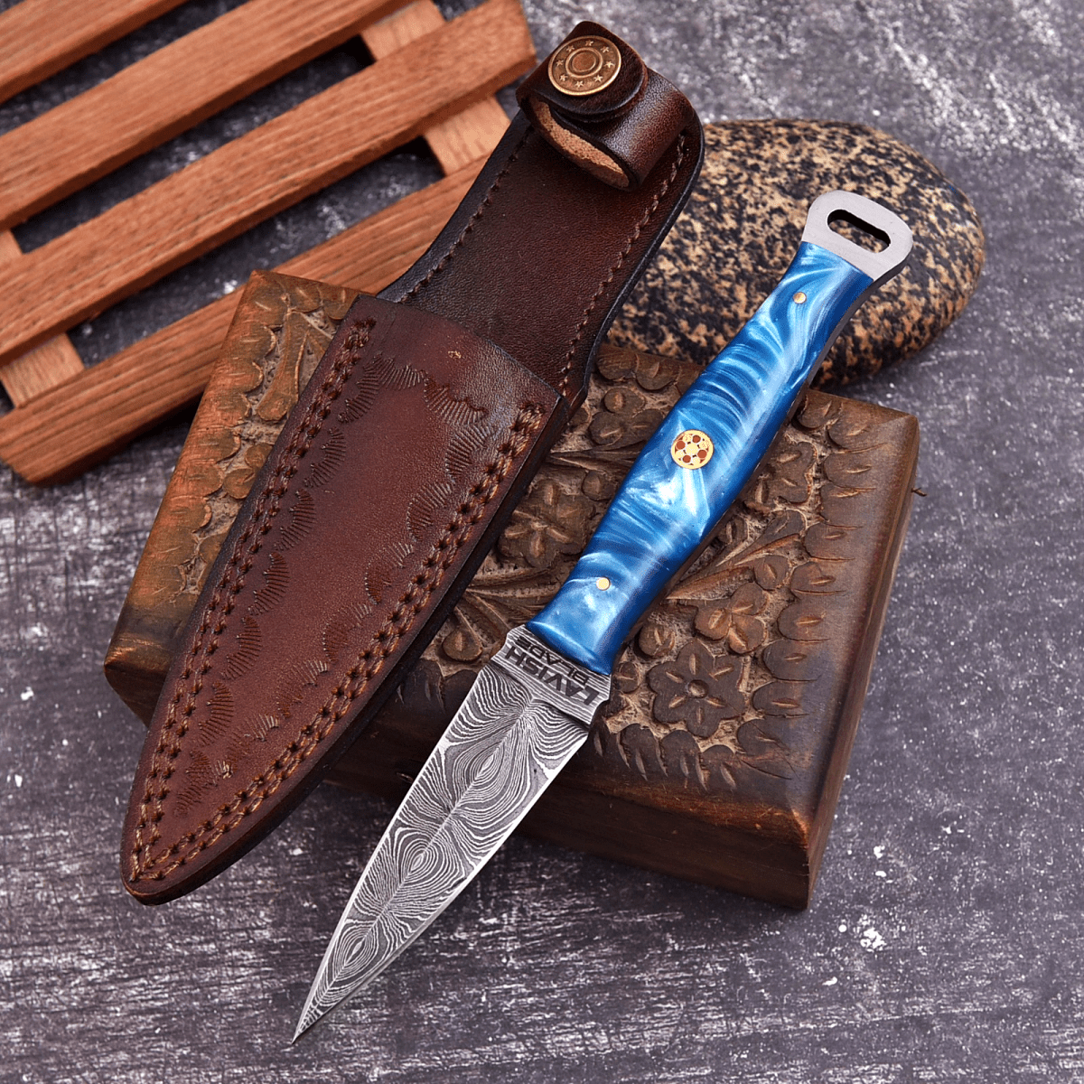 Handmade Damascus EDC Dagger 8 Inch Pearl Blue Swirl Resin Handle - Lavish Blade