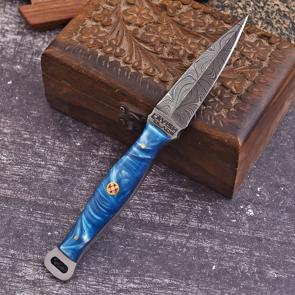 Handmade Damascus EDC Dagger 8 Inch Pearl Blue Swirl Resin Handle - Lavish Blade