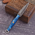 Handmade Damascus EDC Dagger 8 Inch Pearl Blue Swirl Resin Handle - Lavish Blade
