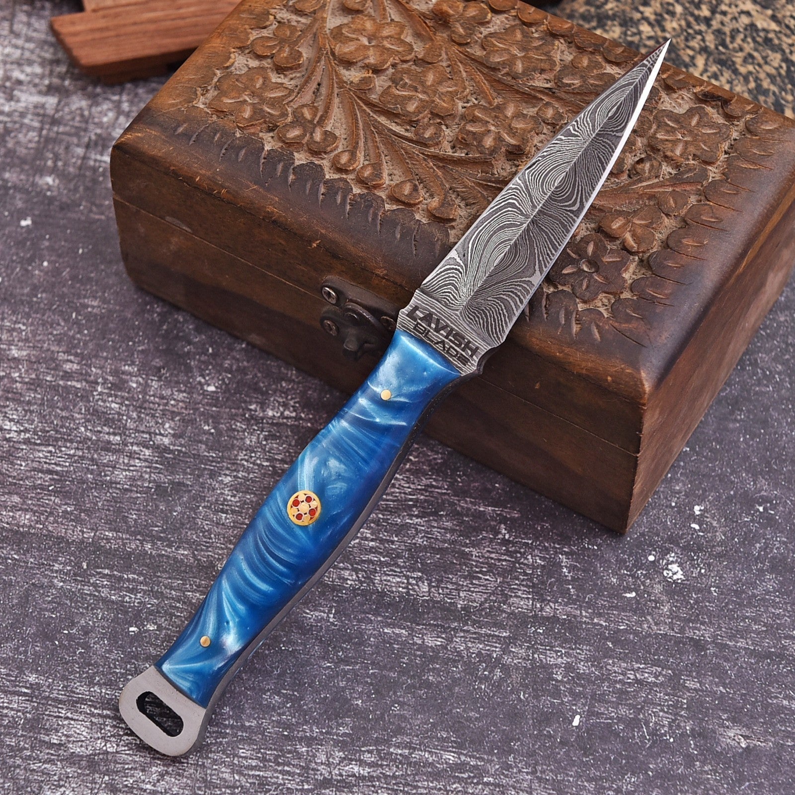 Handmade Damascus EDC Dagger 8 Inch Pearl Blue Swirl Resin Handle - Lavish Blade