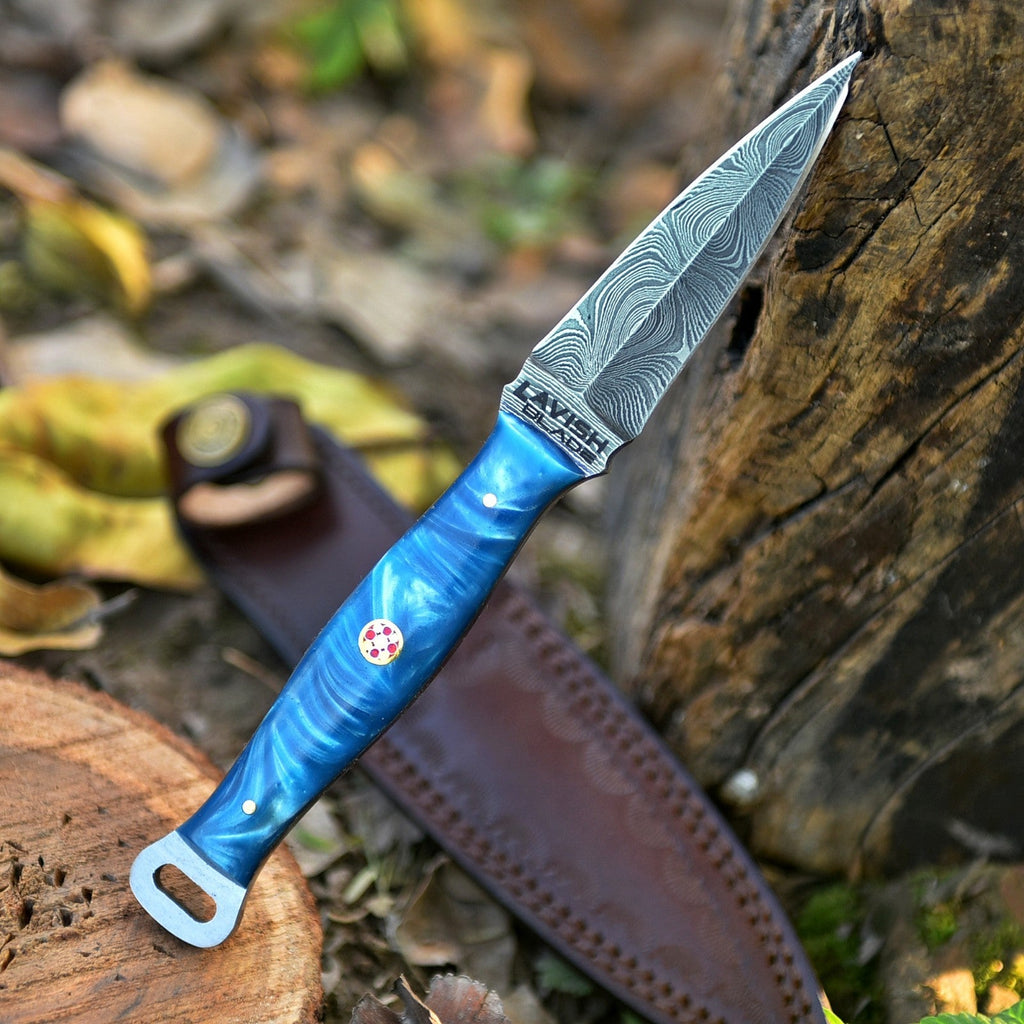 Handmade Damascus EDC Dagger 8 Inch Pearl Blue Swirl Resin Handle - Lavish Blade