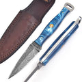 Handmade Damascus EDC Dagger 8 Inch Pearl Blue Swirl Resin Handle - Lavish Blade