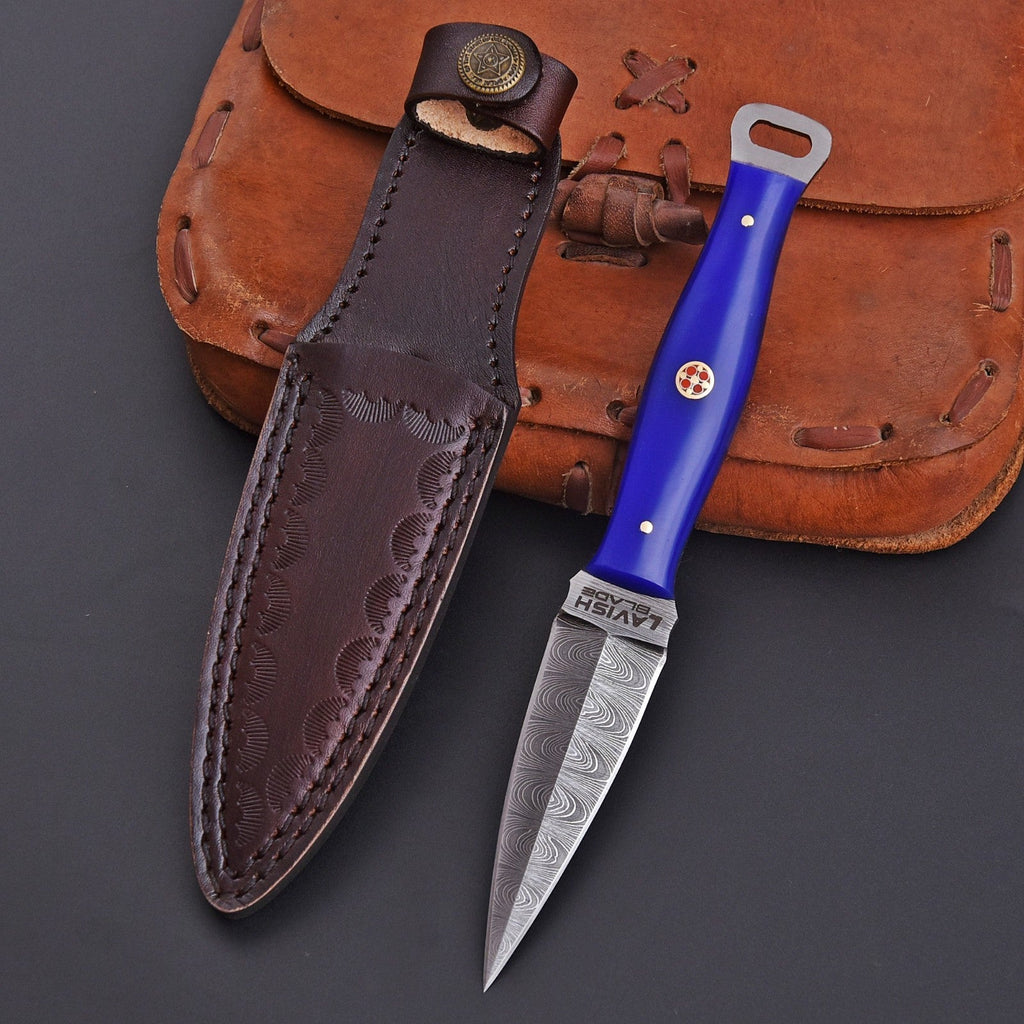 Handmade Damascus EDC Dagger 8 Inch Pearl Purple Resin Handle with Sheath - Lavish Blade