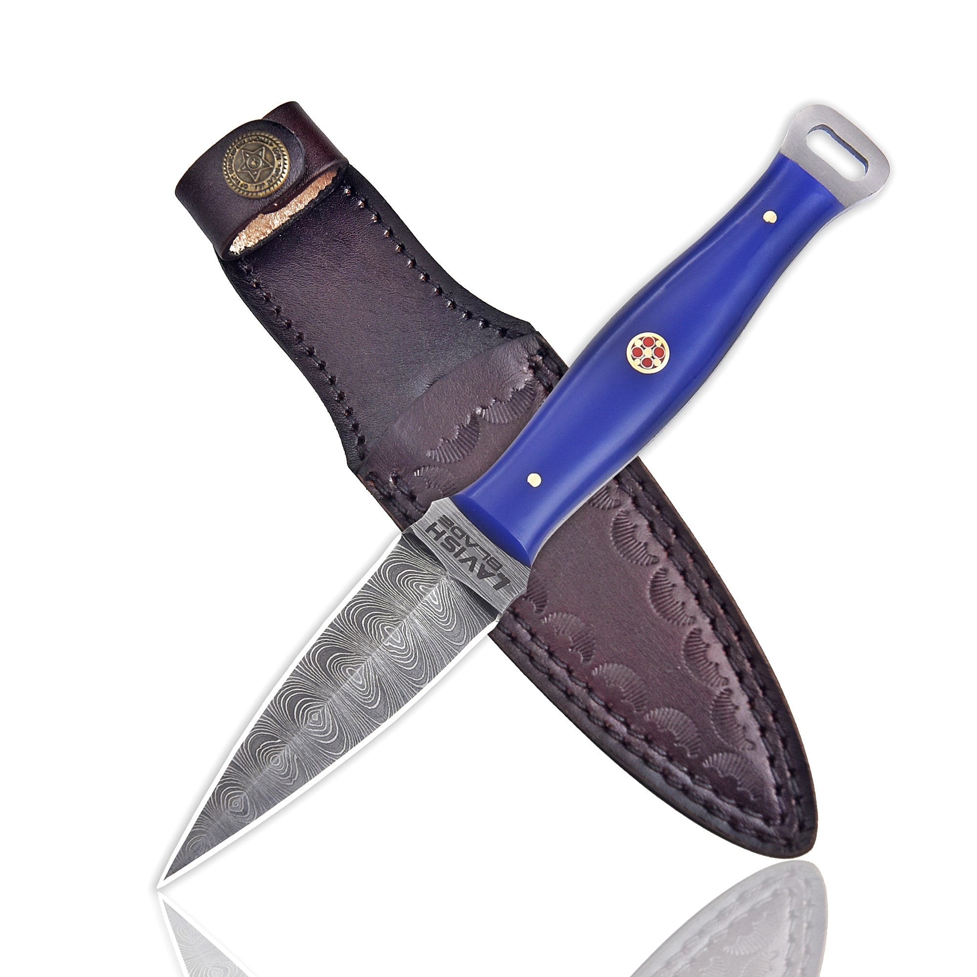 Handmade Damascus EDC Dagger 8 Inch Pearl Purple Resin Handle with Sheath - Lavish Blade