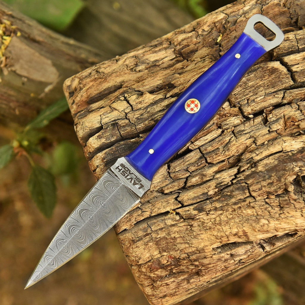 Handmade Damascus EDC Dagger 8 Inch Pearl Purple Resin Handle with Sheath - Lavish Blade