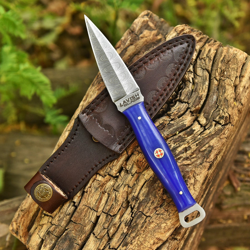Handmade Damascus EDC Dagger 8 Inch Pearl Purple Resin Handle with Sheath - Lavish Blade