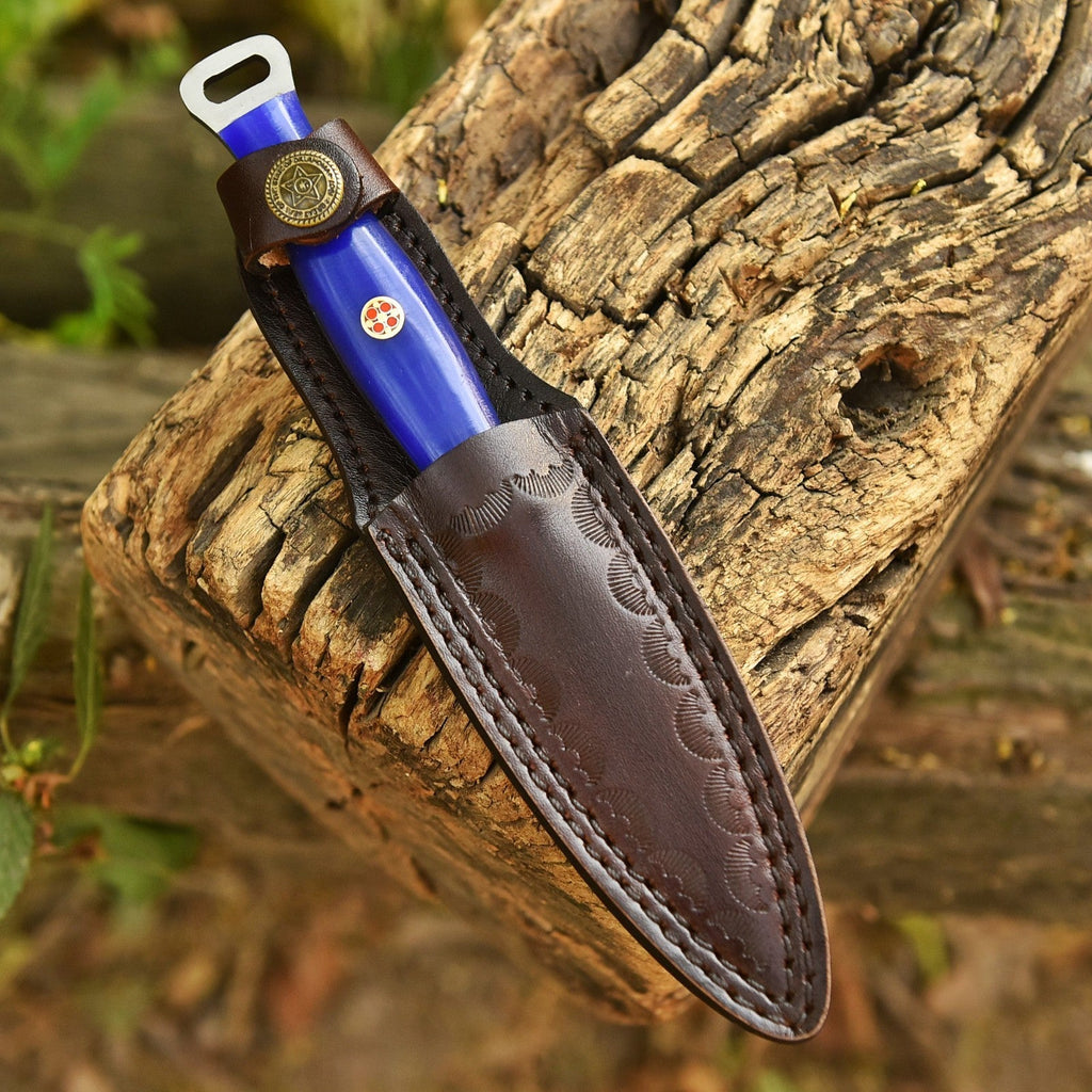 Handmade Damascus EDC Dagger 8 Inch Pearl Purple Resin Handle with Sheath - Lavish Blade