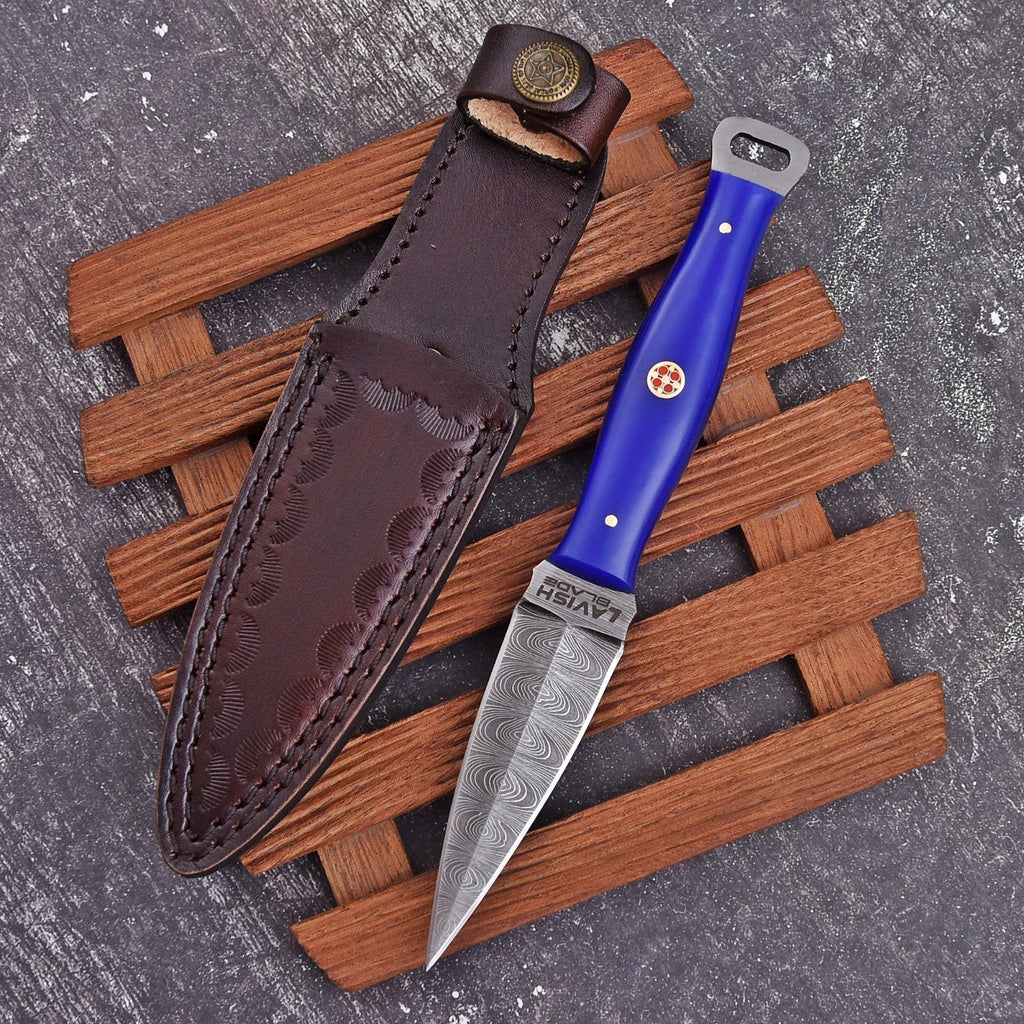 Handmade Damascus EDC Dagger 8 Inch Pearl Purple Resin Handle with Sheath - Lavish Blade