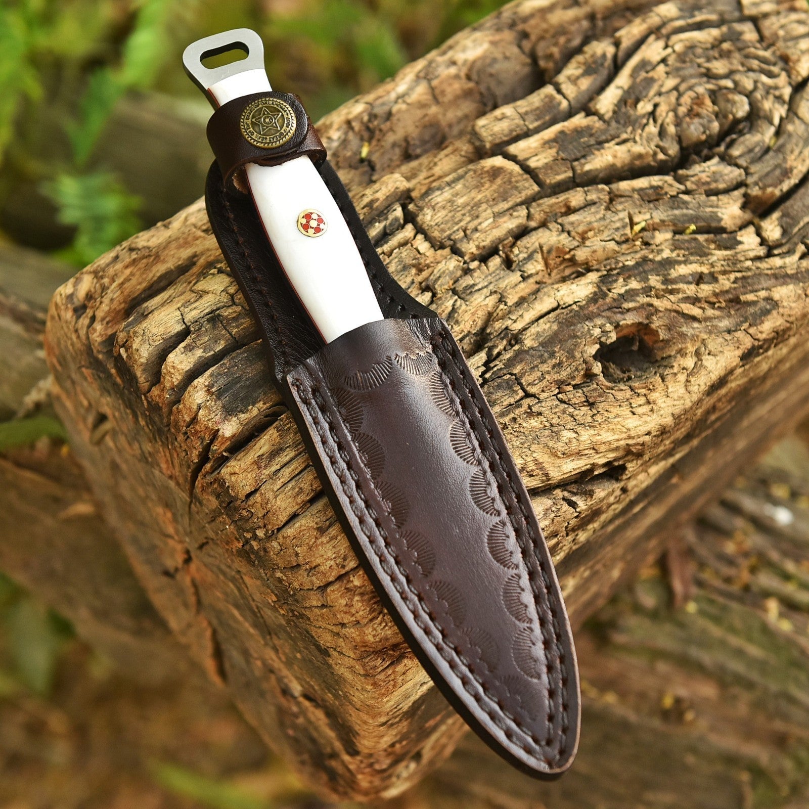Handmade Damascus EDC Dagger 8 Inch Pearl White Resin Handle with Sheath - Lavish Blade