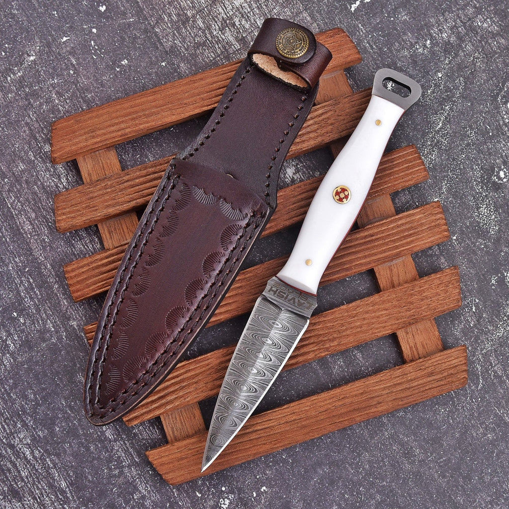 Handmade Damascus EDC Dagger 8 Inch Pearl White Resin Handle with Sheath - Lavish Blade