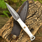 Handmade Damascus EDC Dagger 8 Inch Pearl White Resin Handle with Sheath - Lavish Blade