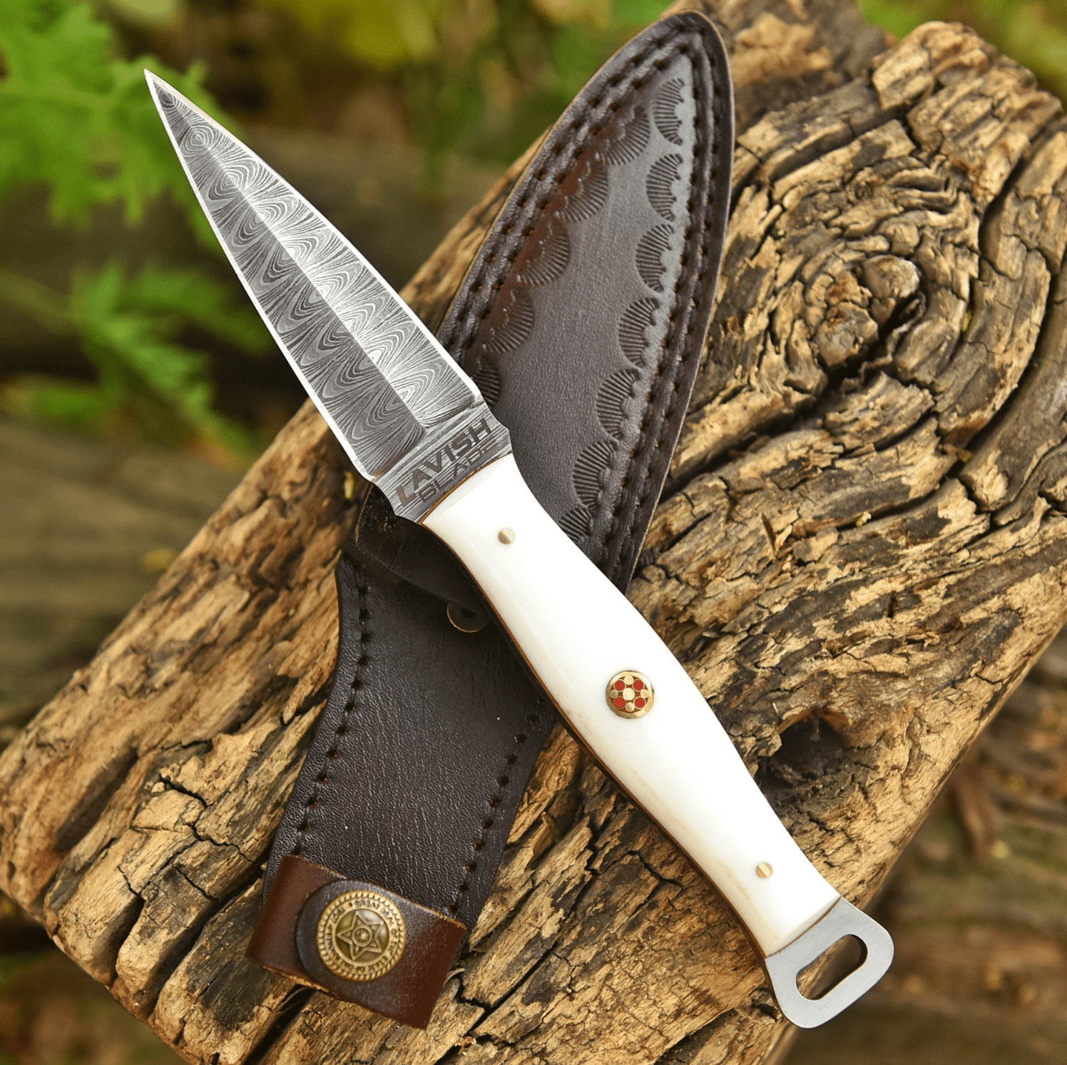 Handmade Damascus EDC Dagger 8 Inch Pearl White Resin Handle with Sheath - Lavish Blade