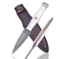 Handmade Damascus EDC Dagger 8 Inch Pearl White Resin Handle with Sheath - Lavish Blade