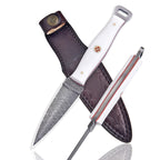 Handmade Damascus EDC Dagger 8 Inch Pearl White Resin Handle with Sheath - Lavish Blade