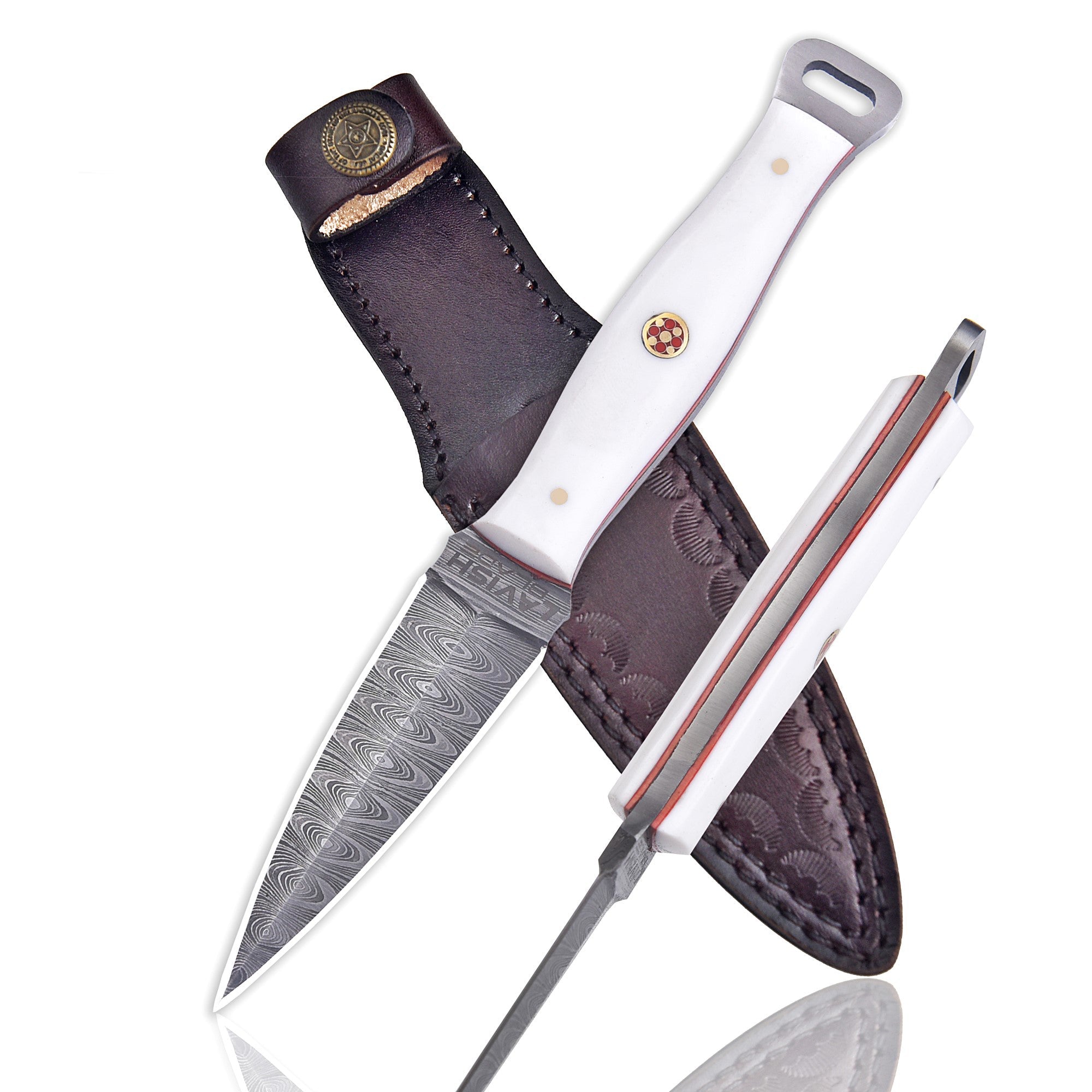 Handmade Damascus EDC Dagger 8 Inch Pearl White Resin Handle with Sheath - Lavish Blade