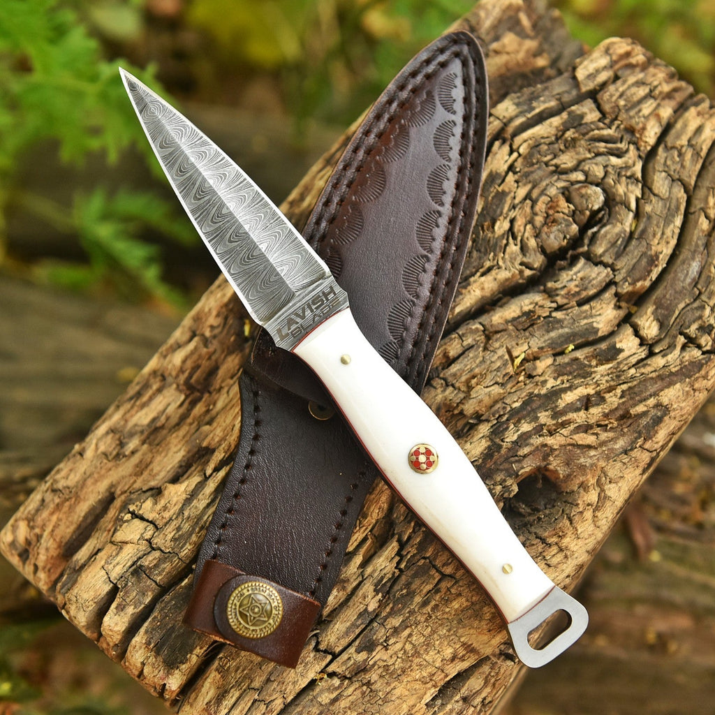 Handmade Damascus EDC Dagger 8 Inch Pearl White Resin Handle with Sheath - Lavish Blade