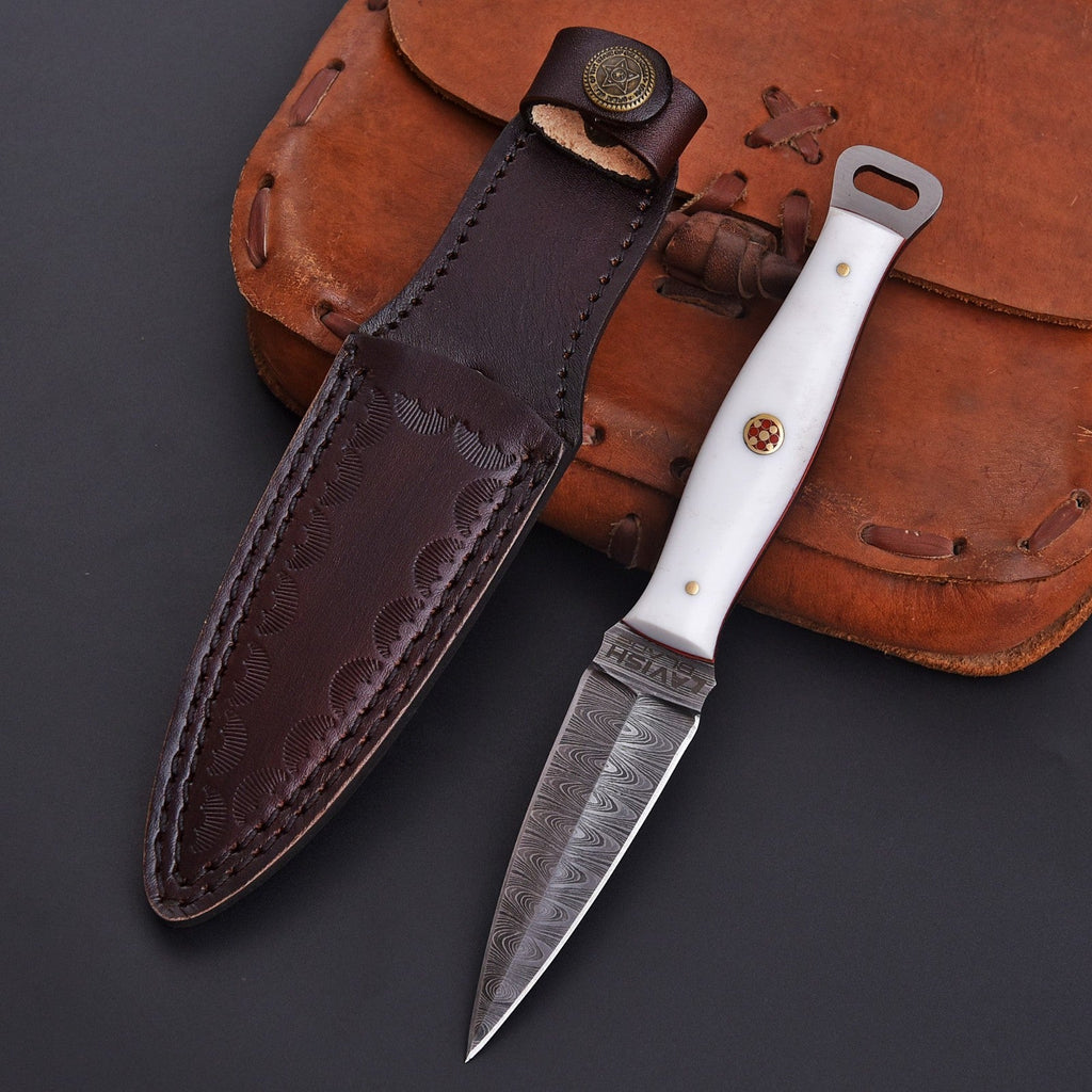 Handmade Damascus EDC Dagger 8 Inch Pearl White Resin Handle with Sheath - Lavish Blade