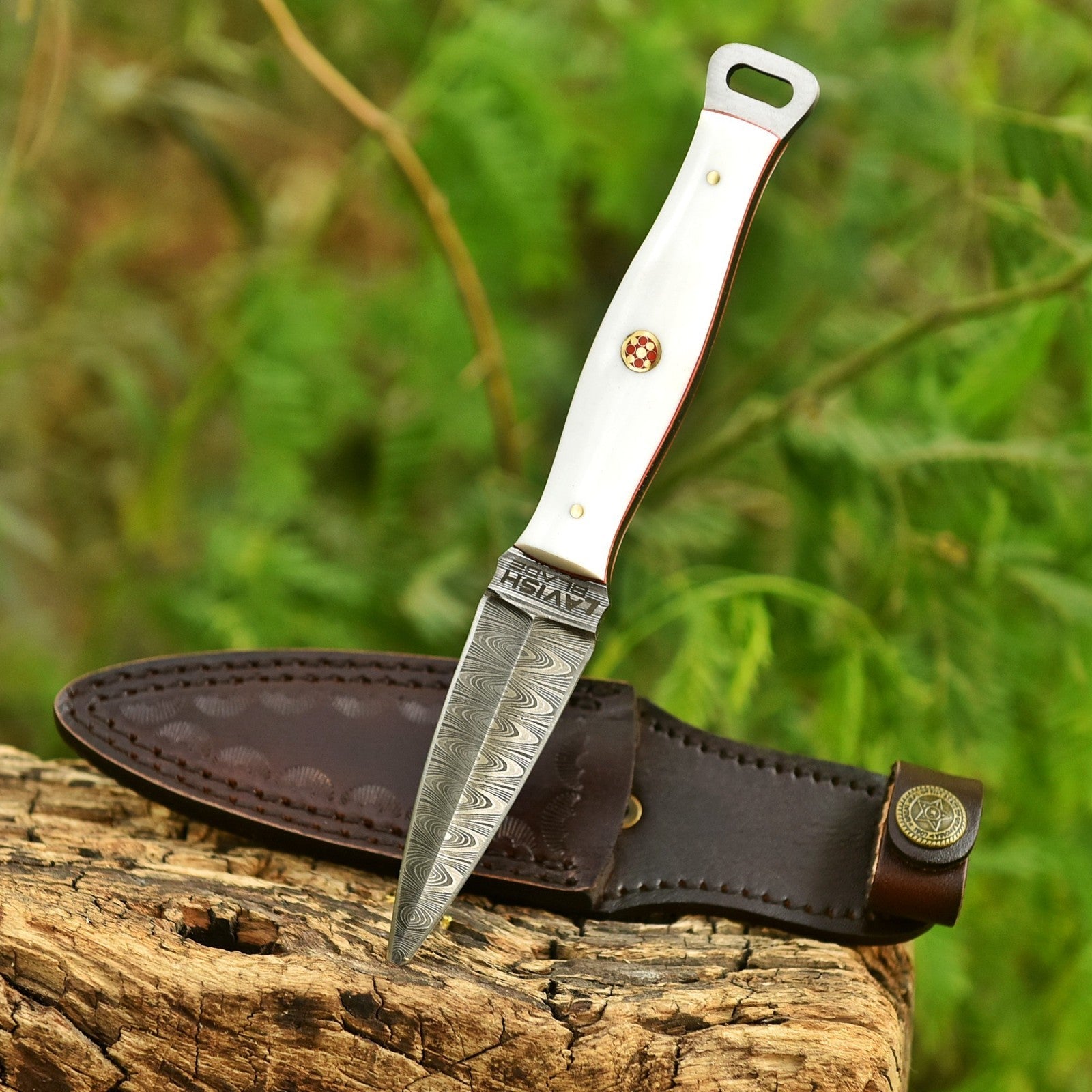 Handmade Damascus EDC Dagger 8 Inch Pearl White Resin Handle with Sheath - Lavish Blade