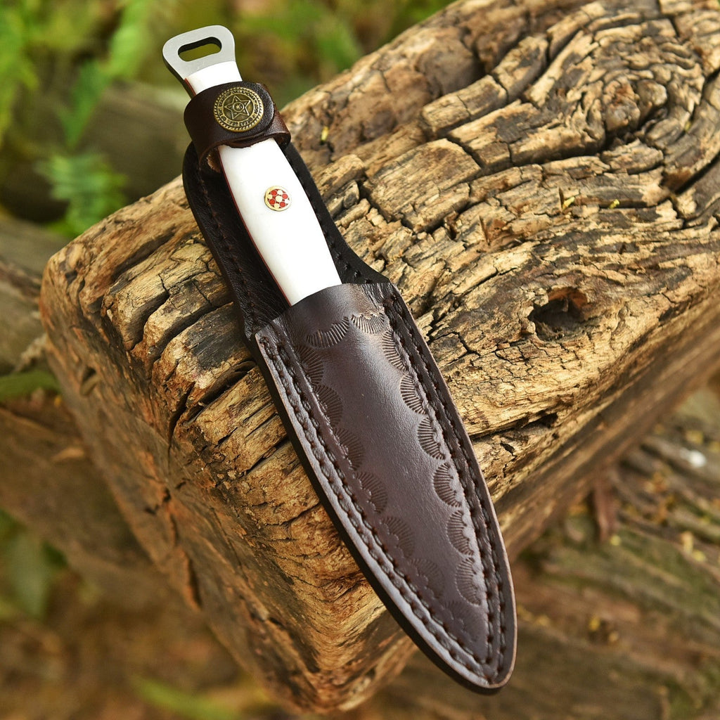 Handmade Damascus EDC Dagger 8 Inch Pearl White Resin Handle with Sheath - Lavish Blade