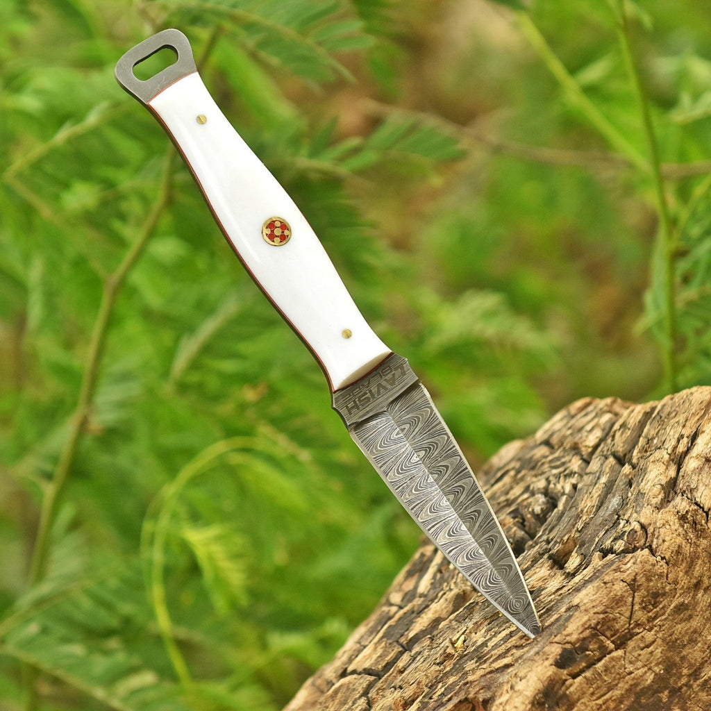 Handmade Damascus EDC Dagger 8 Inch Pearl White Resin Handle with Sheath - Lavish Blade