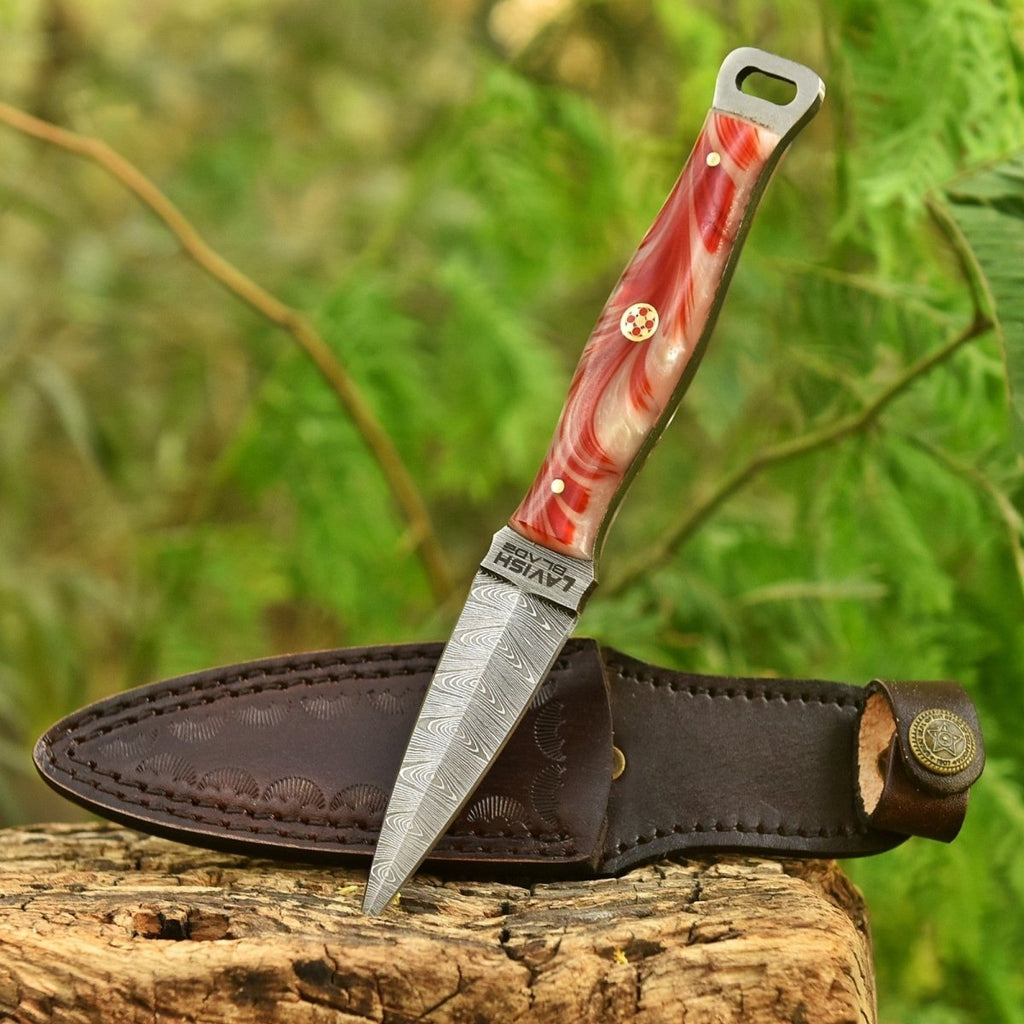 Handmade Damascus Fire Dagger 8 Inch Pearl Fire Resin Handle with Sheath - Lavish Blade