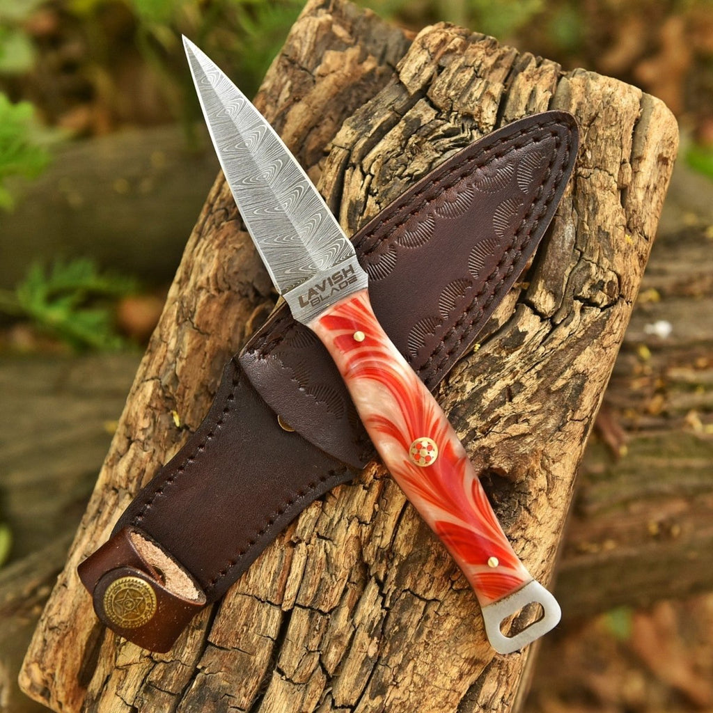 Handmade Damascus Fire Dagger 8 Inch Pearl Fire Resin Handle with Sheath - Lavish Blade