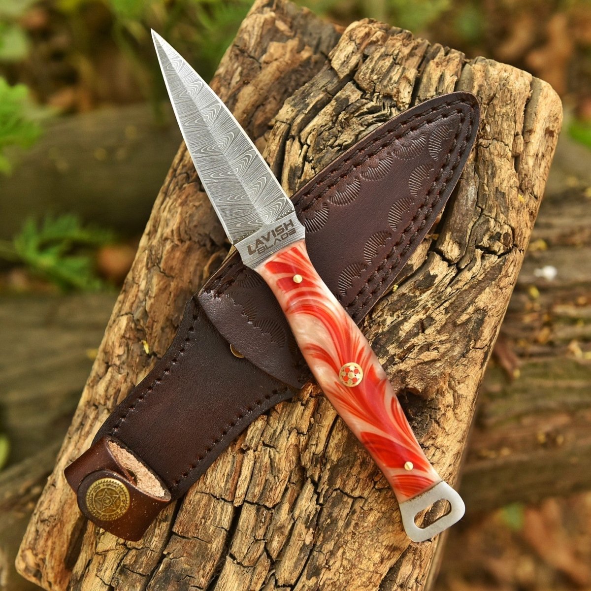 Handmade Damascus Fire Dagger 8 Inch Pearl Fire Resin Handle with Sheath - Lavish Blade
