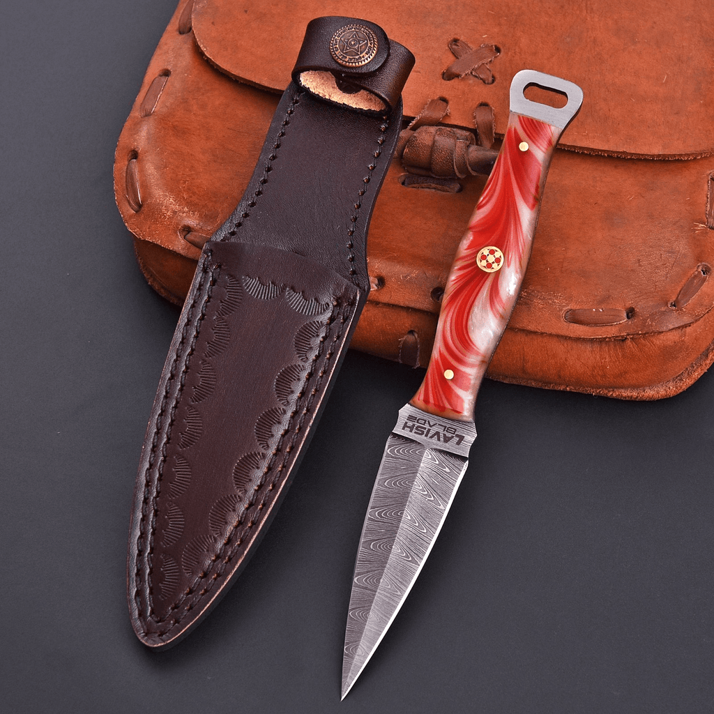 Handmade Damascus Fire Dagger 8 Inch Pearl Fire Resin Handle with Sheath - Lavish Blade