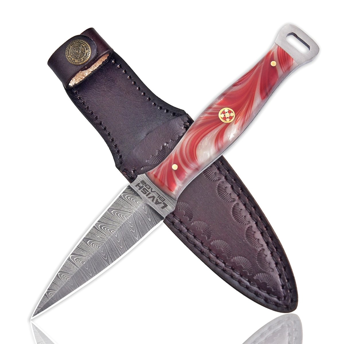 Handmade Damascus Fire Dagger 8 Inch Pearl Fire Resin Handle with Sheath - Lavish Blade