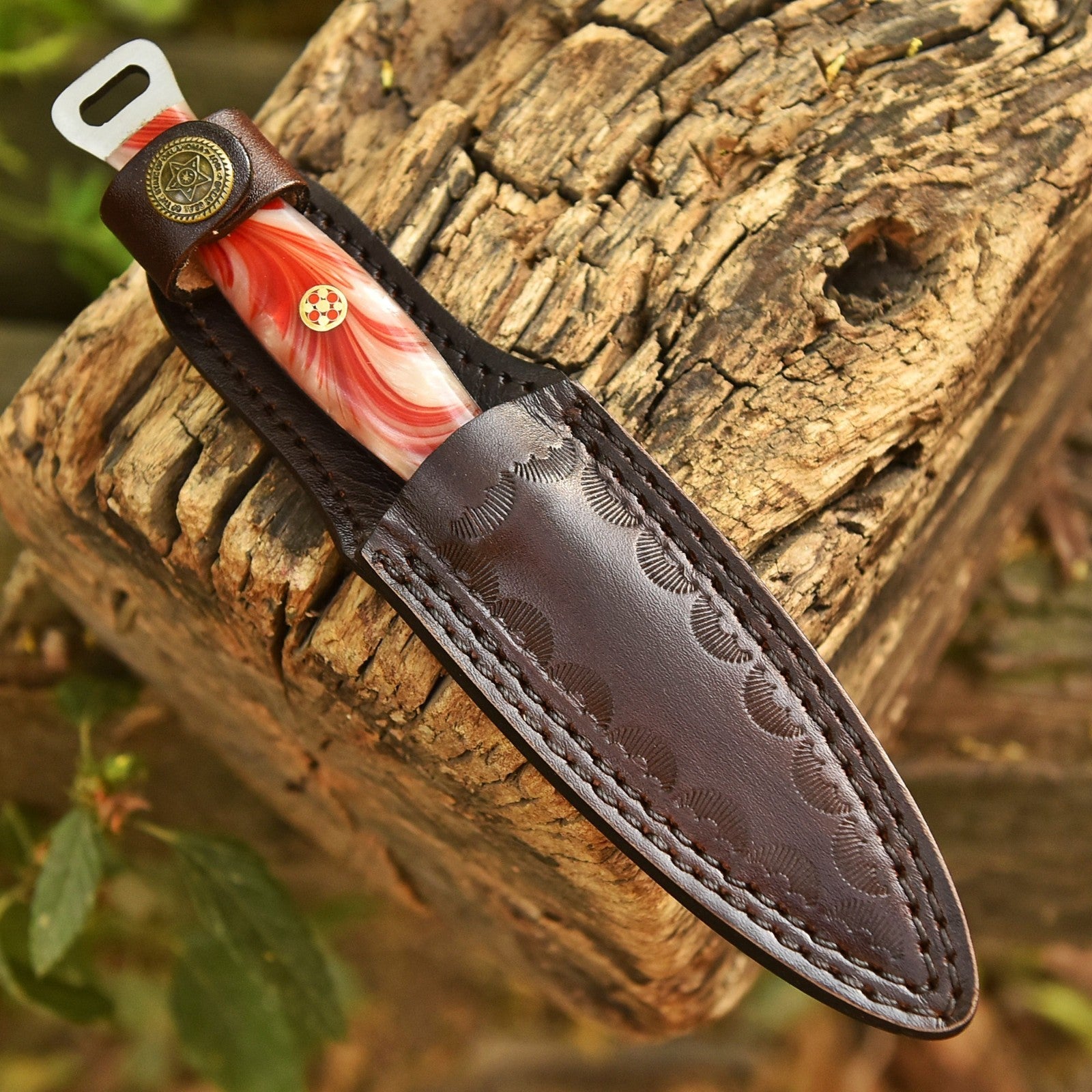 Handmade Damascus Fire Dagger 8 Inch Pearl Fire Resin Handle with Sheath - Lavish Blade