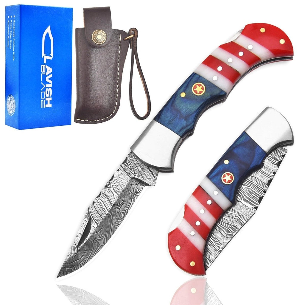 Handmade Damascus Folding Pocket Knife 6.5 Inch American Flag Resin Handle with Sheath - Lavish Blade