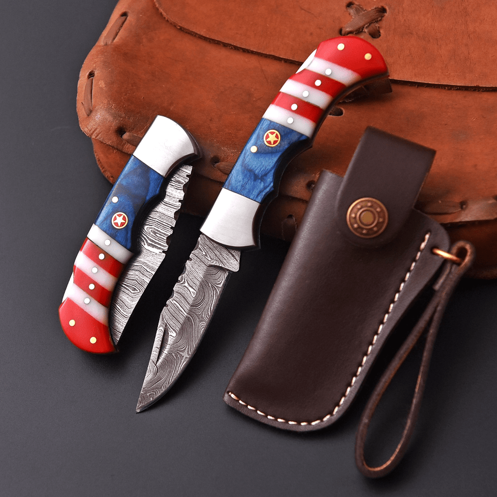 Handmade Damascus Folding Pocket Knife 6.5 Inch American Flag Resin Handle with Sheath - Lavish Blade