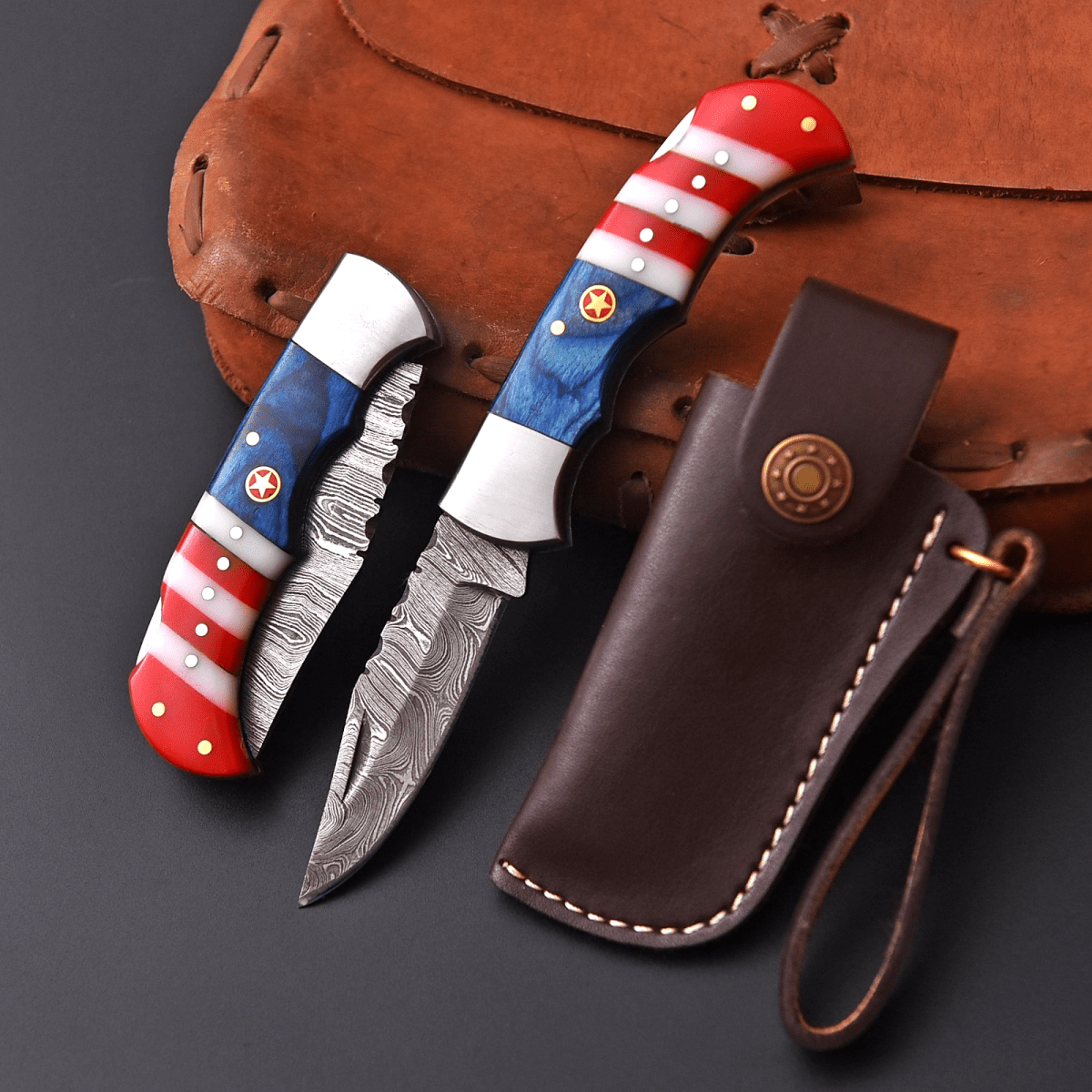 Handmade Damascus Folding Pocket Knife 6.5 Inch American Flag Resin Handle with Sheath - Lavish Blade