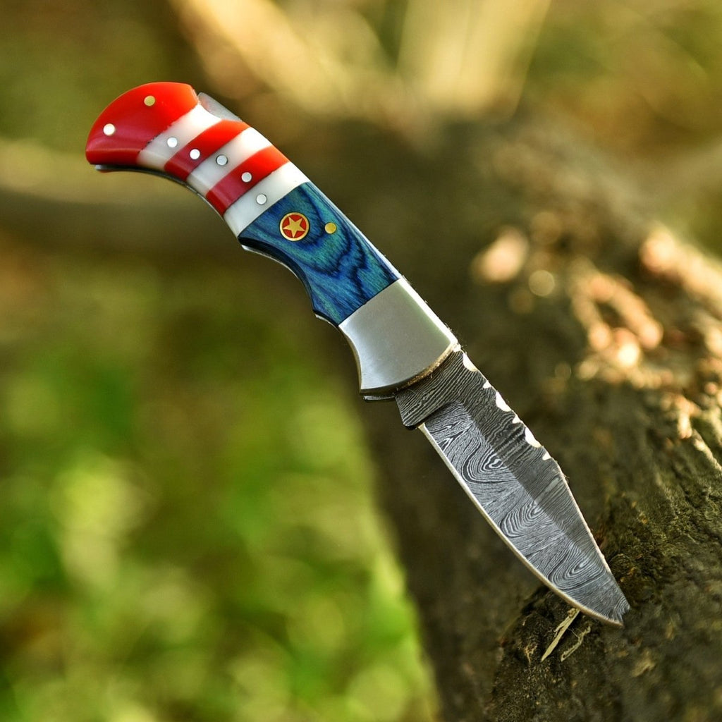 Handmade Damascus Folding Pocket Knife 6.5 Inch American Flag Resin Handle with Sheath - Lavish Blade